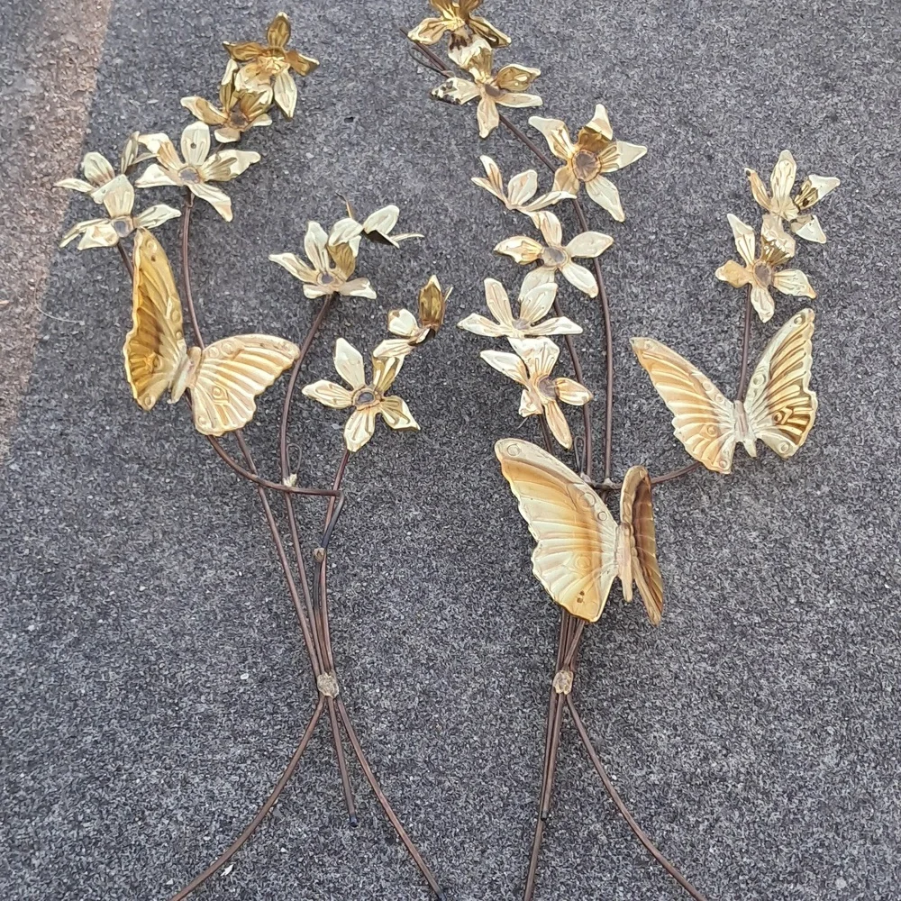 3 Vintage MCM Pair Brass Metal Butterfly Hummingbird Flower Art Wall Hangings